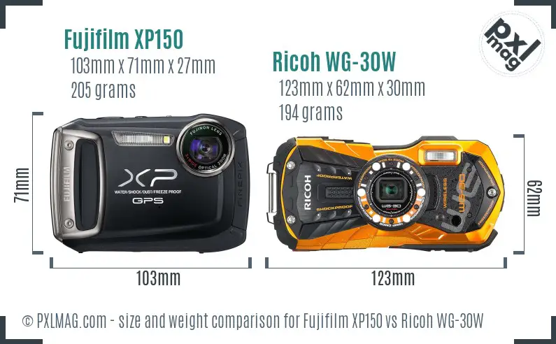 Fujifilm XP150 vs Ricoh WG-30W size comparison