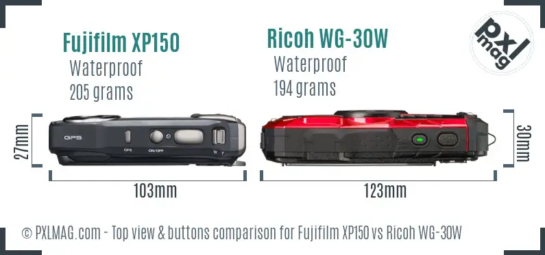 Fujifilm XP150 vs Ricoh WG-30W top view buttons comparison