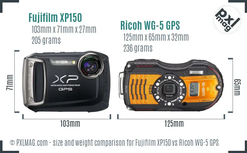 Fujifilm XP150 vs Ricoh WG-5 GPS size comparison