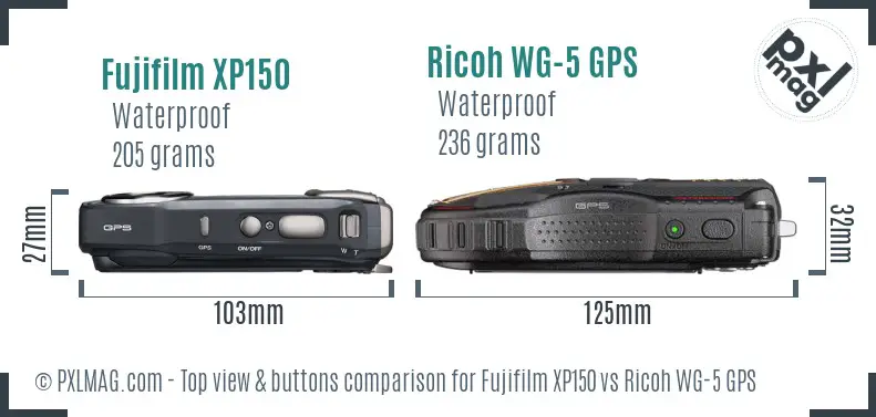 Fujifilm XP150 vs Ricoh WG-5 GPS top view buttons comparison