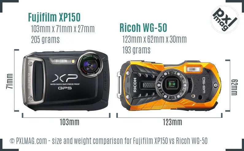 Fujifilm XP150 vs Ricoh WG-50 size comparison