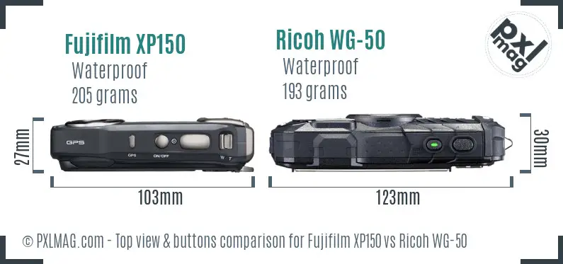 Fujifilm XP150 vs Ricoh WG-50 top view buttons comparison