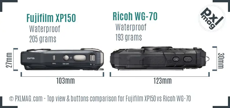 Fujifilm XP150 vs Ricoh WG-70 top view buttons comparison