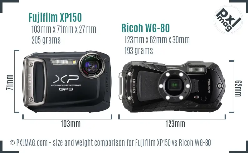 Fujifilm XP150 vs Ricoh WG-80 size comparison