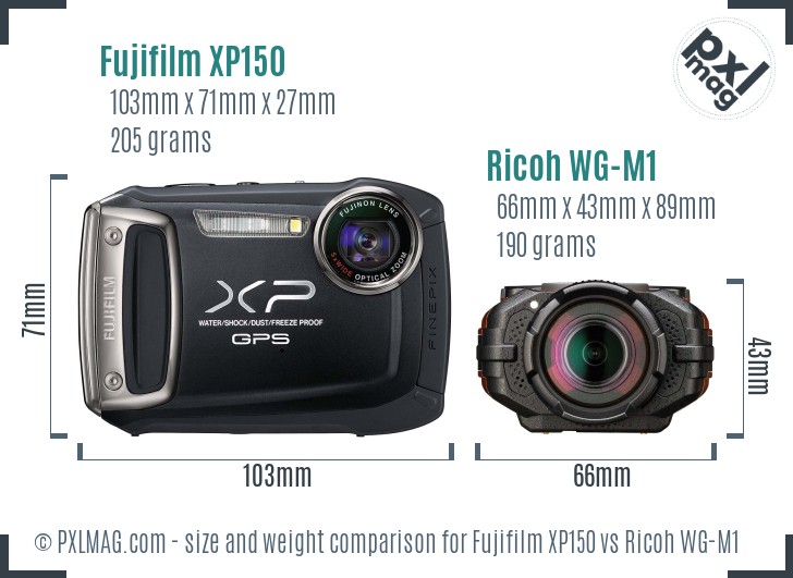 Fujifilm XP150 vs Ricoh WG-M1 size comparison