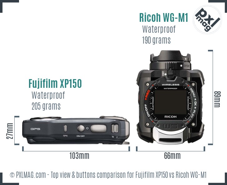 Fujifilm XP150 vs Ricoh WG-M1 top view buttons comparison