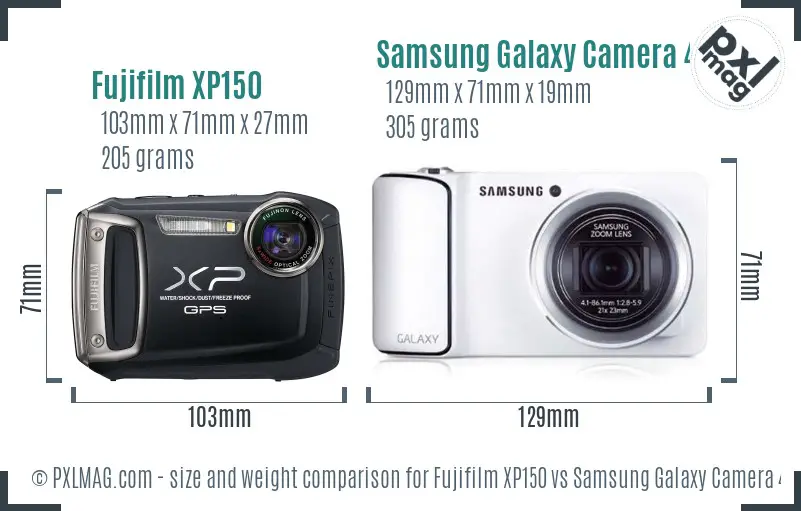 Fujifilm XP150 vs Samsung Galaxy Camera 4G size comparison