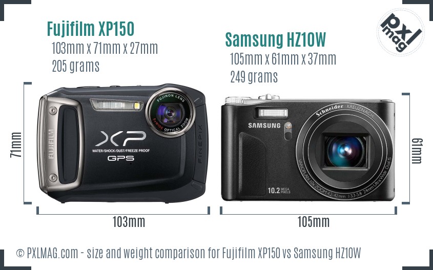 Fujifilm XP150 vs Samsung HZ10W size comparison