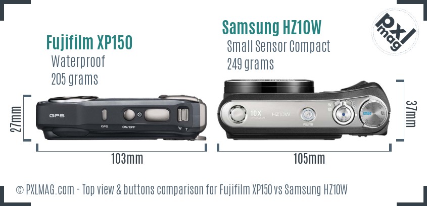 Fujifilm XP150 vs Samsung HZ10W top view buttons comparison