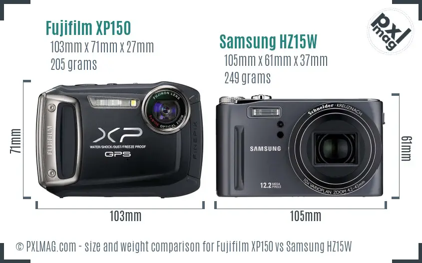 Fujifilm XP150 vs Samsung HZ15W size comparison
