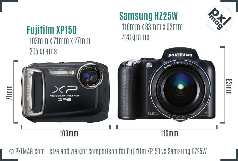 Fujifilm XP150 vs Samsung HZ25W size comparison