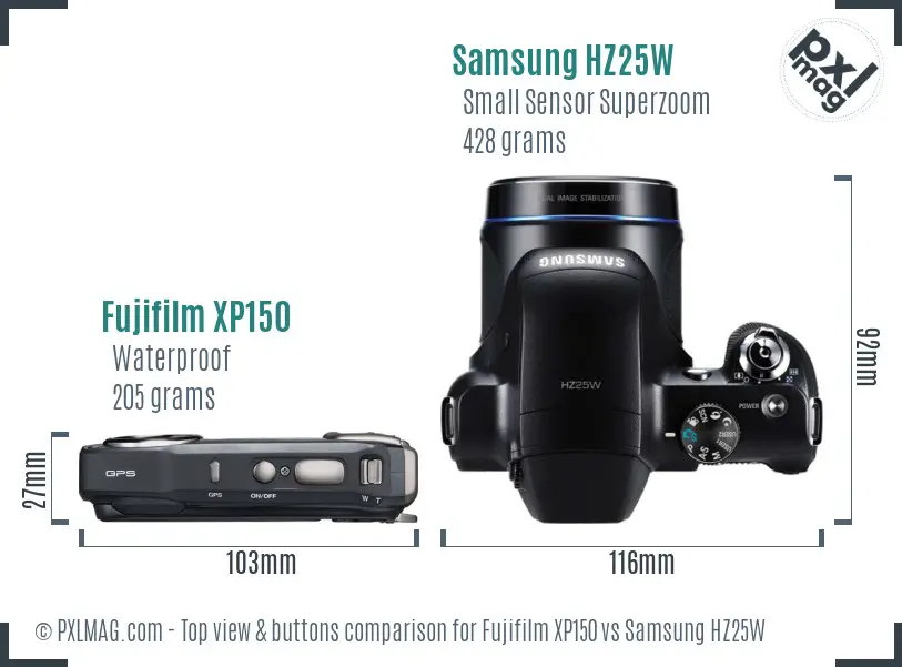 Fujifilm XP150 vs Samsung HZ25W top view buttons comparison