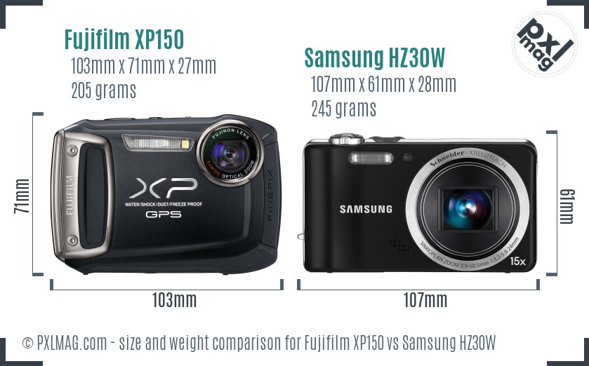 Fujifilm XP150 vs Samsung HZ30W size comparison