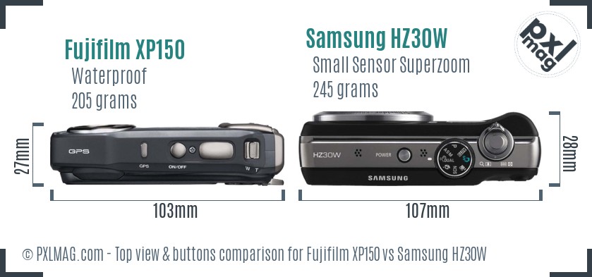 Fujifilm XP150 vs Samsung HZ30W top view buttons comparison