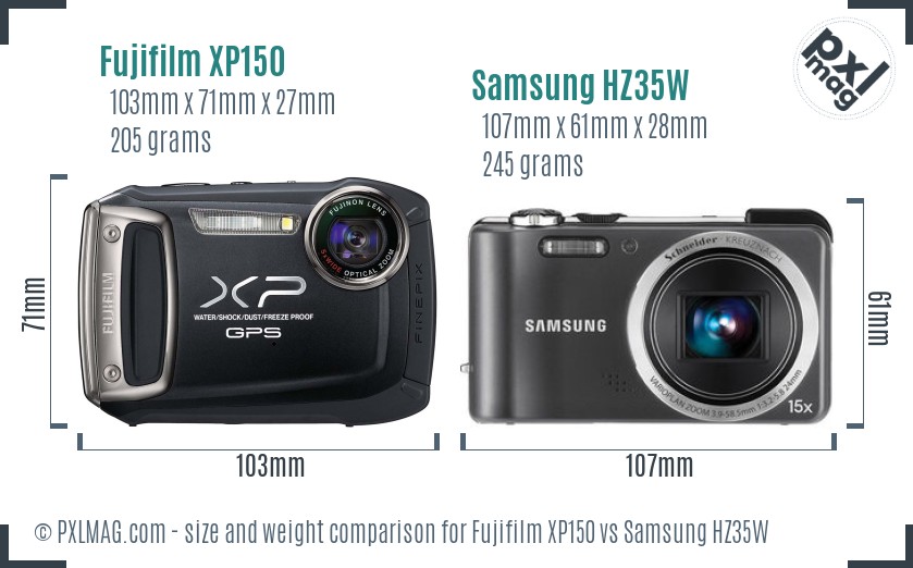 Fujifilm XP150 vs Samsung HZ35W size comparison