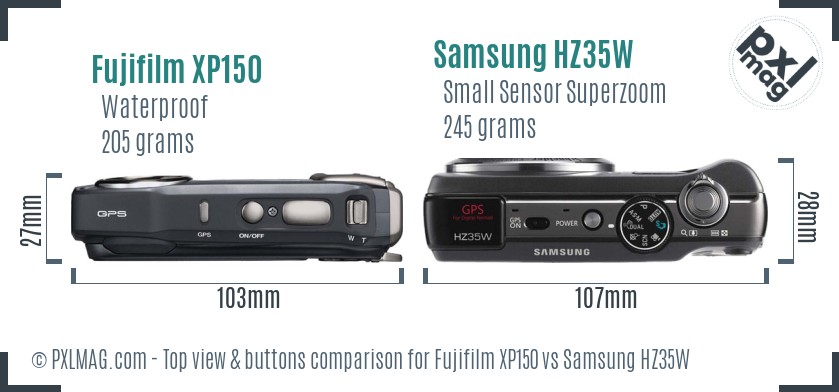 Fujifilm XP150 vs Samsung HZ35W top view buttons comparison