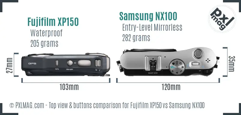Fujifilm XP150 vs Samsung NX100 top view buttons comparison