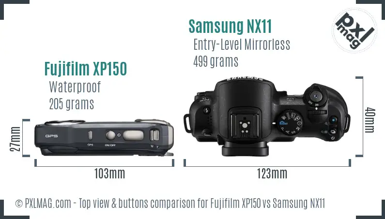 Fujifilm XP150 vs Samsung NX11 top view buttons comparison