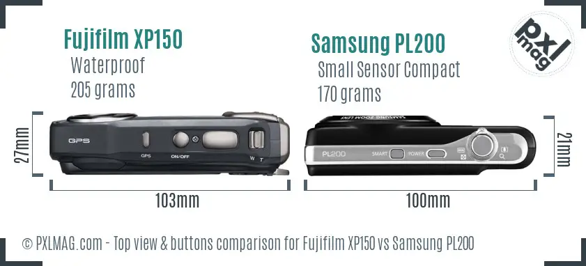 Fujifilm XP150 vs Samsung PL200 top view buttons comparison