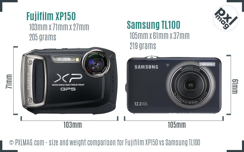 Fujifilm XP150 vs Samsung TL100 size comparison