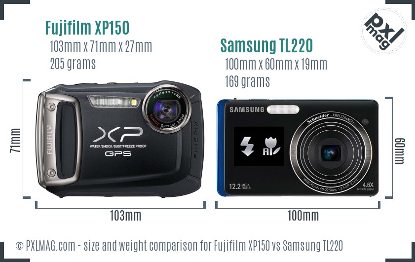 Fujifilm XP150 vs Samsung TL220 size comparison