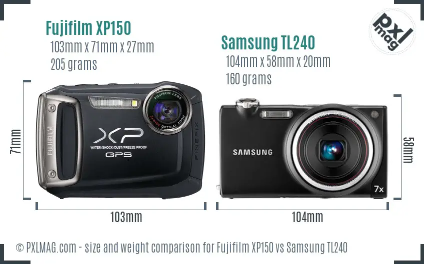 Fujifilm XP150 vs Samsung TL240 size comparison