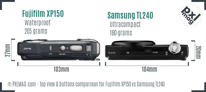 Fujifilm XP150 vs Samsung TL240 top view buttons comparison