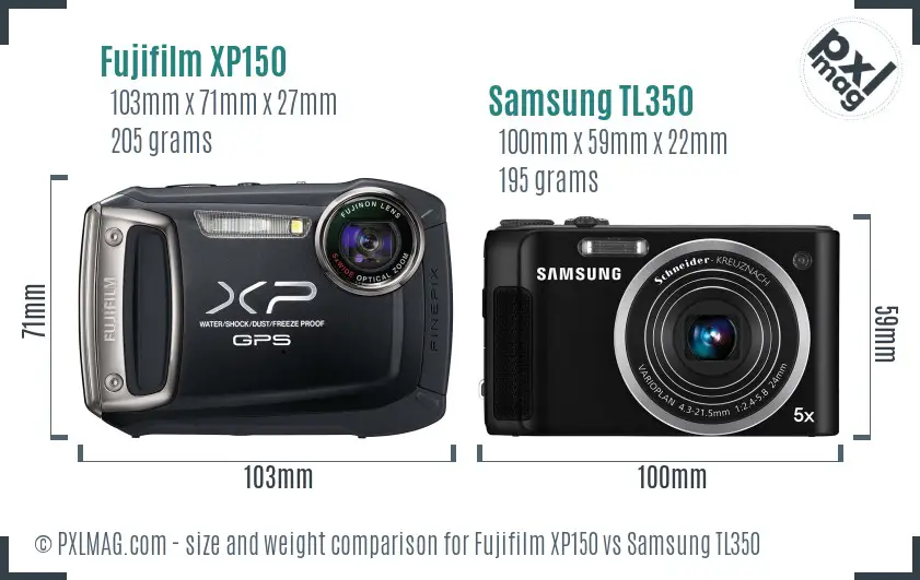 Fujifilm XP150 vs Samsung TL350 size comparison