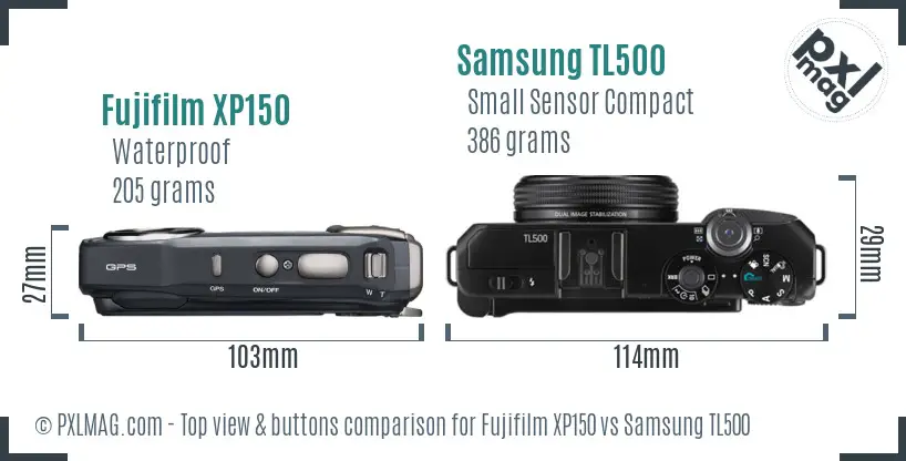 Fujifilm XP150 vs Samsung TL500 top view buttons comparison Fujifilm XP150 vs Samsung TL500 top view buttons comparison