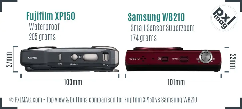 Fujifilm XP150 vs Samsung WB210 top view buttons comparison Fujifilm XP150 vs Samsung WB210 top view buttons comparison
