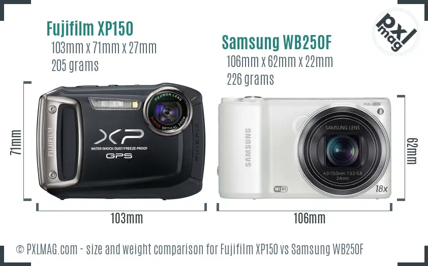Fujifilm XP150 vs Samsung WB250F size comparison Fujifilm XP150 vs Samsung WB250F size comparison