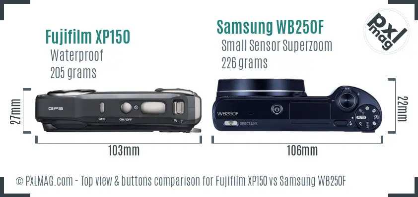 Fujifilm XP150 vs Samsung WB250F top view buttons comparison Fujifilm XP150 vs Samsung WB250F top view buttons comparison