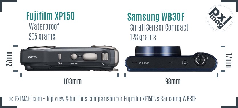Fujifilm XP150 vs Samsung WB30F top view buttons comparison