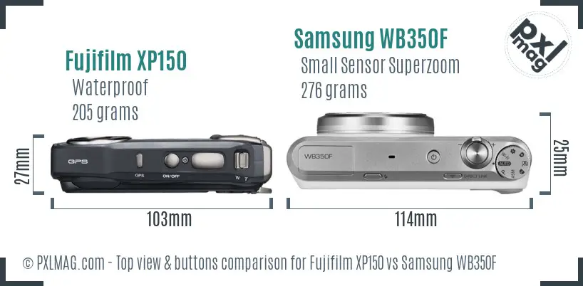 Fujifilm XP150 vs Samsung WB350F top view buttons comparison Fujifilm XP150 vs Samsung WB350F top view buttons comparison