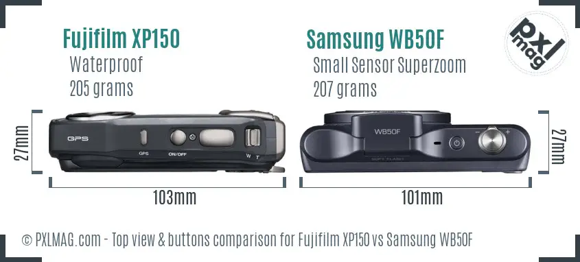 Fujifilm XP150 vs Samsung WB50F top view buttons comparison Fujifilm XP150 vs Samsung WB50F top view buttons comparison