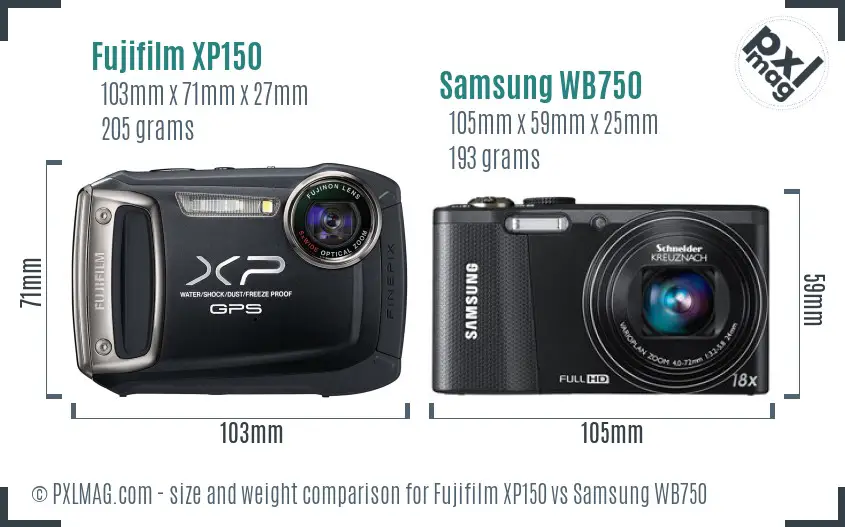 Fujifilm XP150 vs Samsung WB750 size comparison