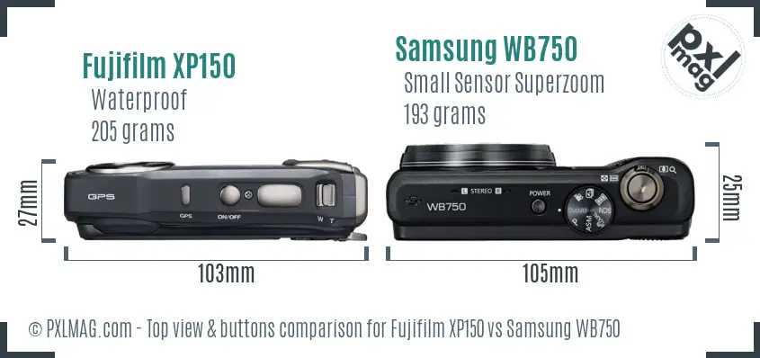 Fujifilm XP150 vs Samsung WB750 top view buttons comparison