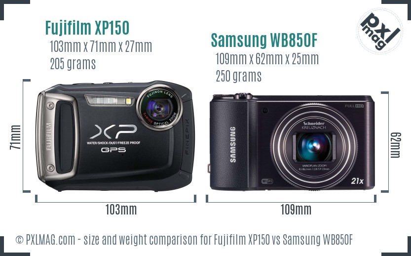 Fujifilm XP150 vs Samsung WB850F size comparison