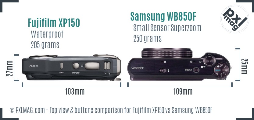 Fujifilm XP150 vs Samsung WB850F top view buttons comparison