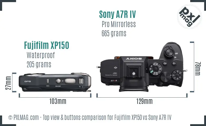 Fujifilm XP150 vs Sony A7R IV top view buttons comparison