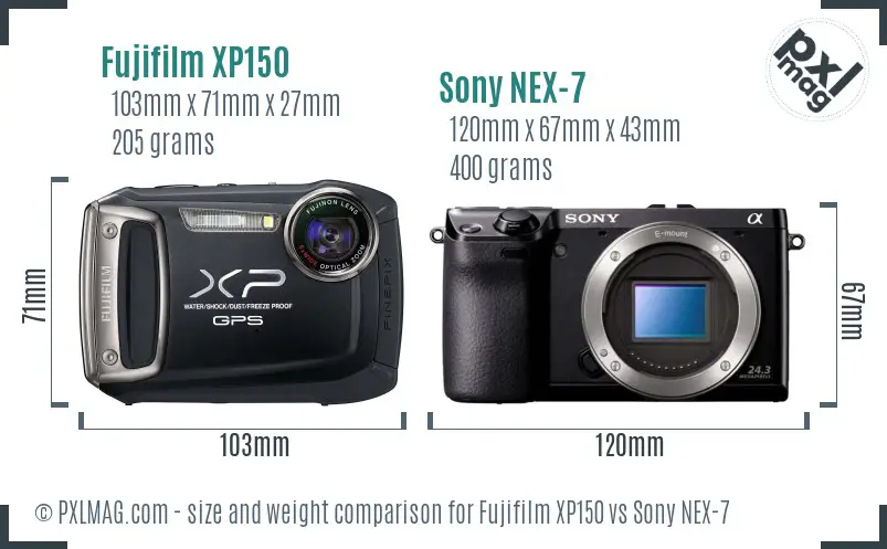 Fujifilm XP150 vs Sony NEX-7 size comparison