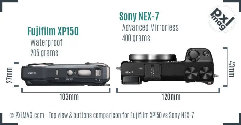 Fujifilm XP150 vs Sony NEX-7 top view buttons comparison