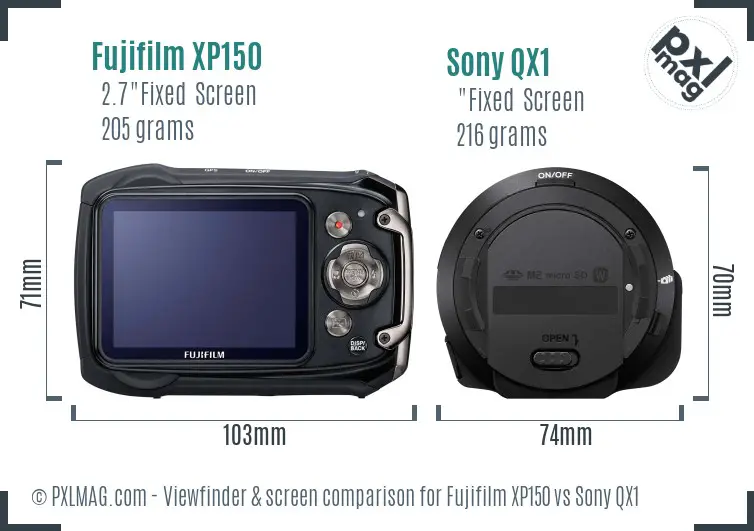 Fujifilm XP150 vs Sony QX1 Screen and Viewfinder comparison