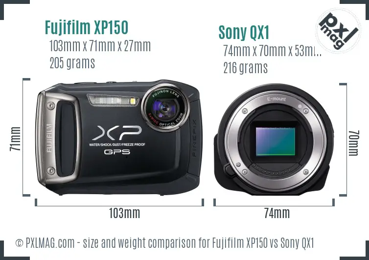 Fujifilm XP150 vs Sony QX1 size comparison