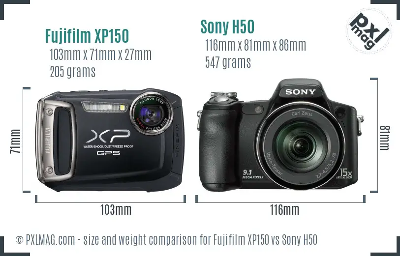 Fujifilm XP150 vs Sony H50 size comparison