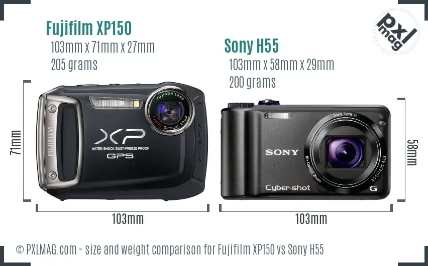 Fujifilm XP150 vs Sony H55 size comparison