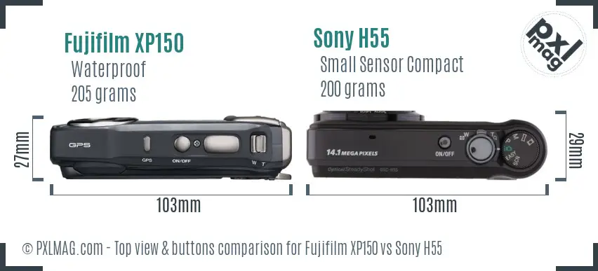 Fujifilm XP150 vs Sony H55 top view buttons comparison