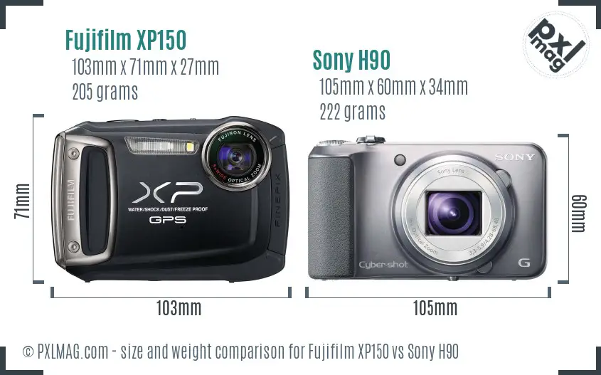 Fujifilm XP150 vs Sony H90 size comparison