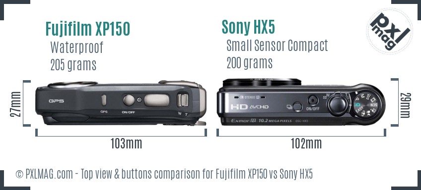 Fujifilm XP150 vs Sony HX5 top view buttons comparison