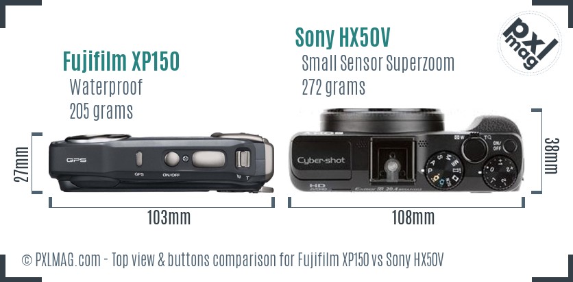 Fujifilm XP150 vs Sony HX50V top view buttons comparison